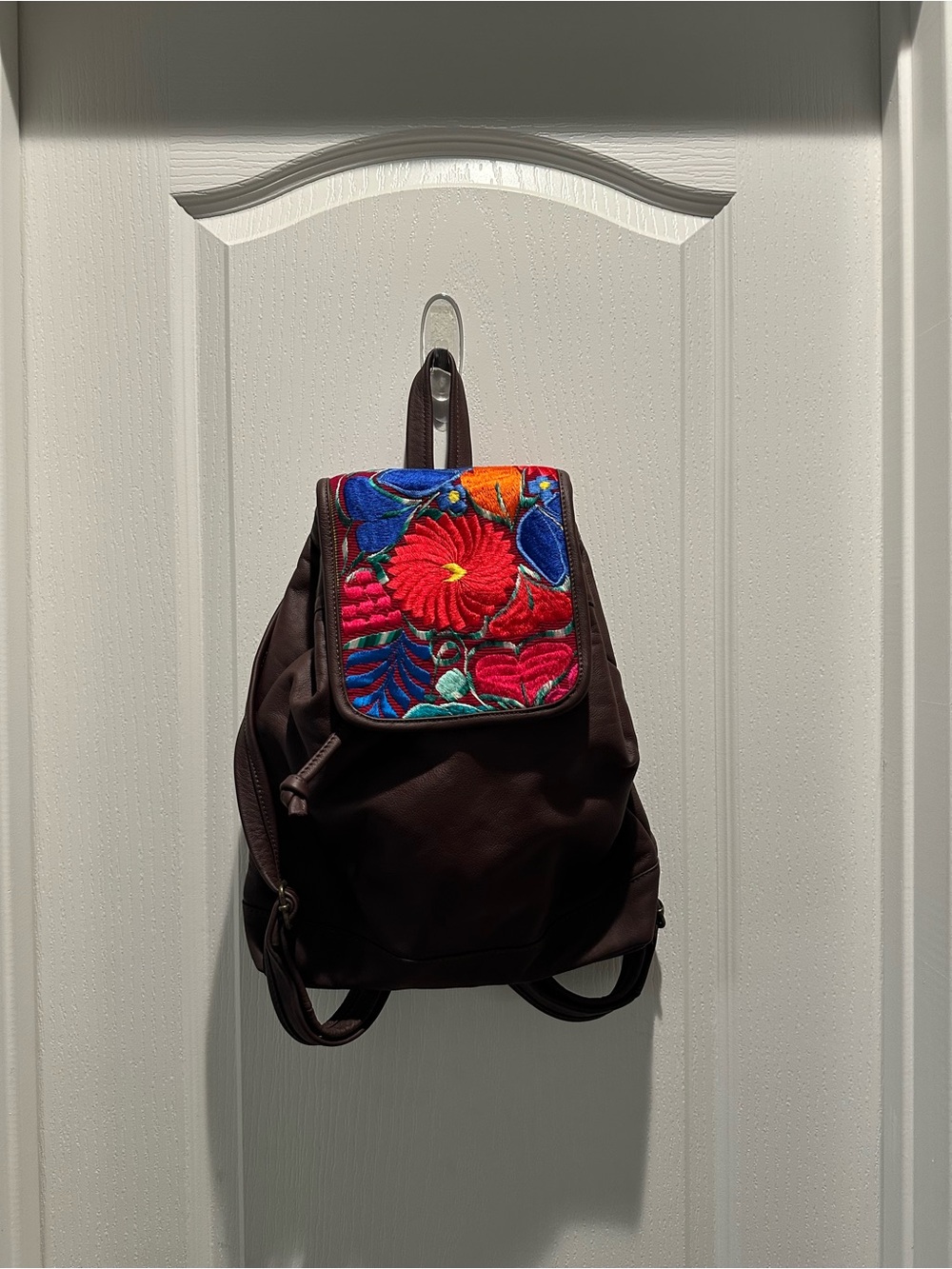 Embroidered Floral Flap Brown Women's Backpack